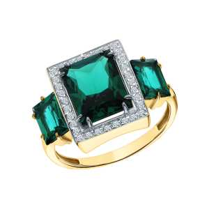 Золотое кольцо с бриллиантами природными и изумрудами выращенными