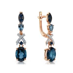 Золотые серьги с бриллиантами природными, топазами природными и сапфирами природными